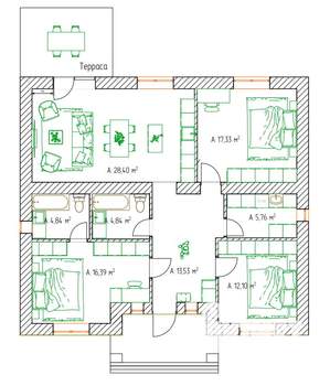 Дом 110м&sup2;, 1-этажный, участок 6 сот.  