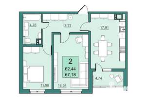 2-к квартира, вторичка, 62м2, 18/24 этаж