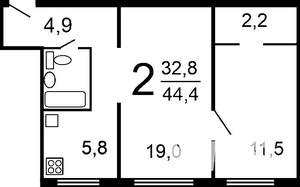 2-к квартира, вторичка, 46м2, 8/9 этаж
