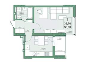 1-к квартира, вторичка, 33м2, 13/22 этаж