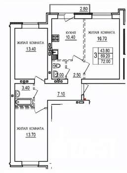 3-к квартира, строящийся дом, 72м2, 9/10 этаж