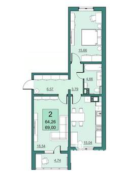 2-к квартира, вторичка, 64м2, 19/24 этаж