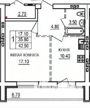 1-к квартира, строящийся дом, 43м2, 9/10 этаж