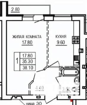 1-к квартира, строящийся дом, 38м2, 9/10 этаж