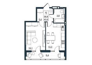 1-к квартира, вторичка, 43м2, 7/10 этаж