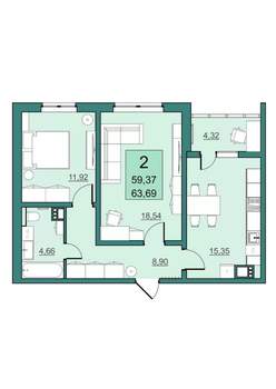 2-к квартира, вторичка, 59м2, 19/24 этаж