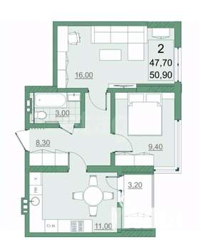 2-к квартира, сданный дом, 48м2, 20/22 этаж