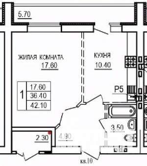 1-к квартира, строящийся дом, 42м2, 4/10 этаж