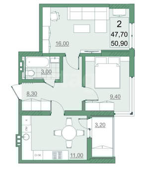 2-к квартира, сданный дом, 48м2, 20/22 этаж