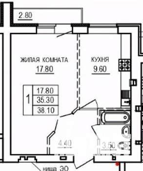 1-к квартира, строящийся дом, 38м2, 2/10 этаж