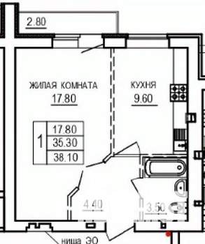 1-к квартира, строящийся дом, 38м2, 5/10 этаж