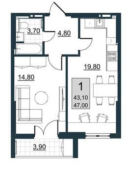 1-к квартира, вторичка, 43м2, 3/10 этаж