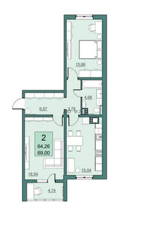 2-к квартира, сданный дом, 64м2, 16/19 этаж