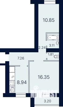 2-к квартира, строящийся дом, 54м2, 6/10 этаж