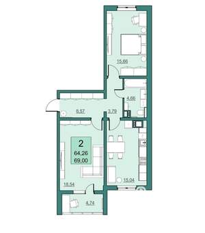 2-к квартира, вторичка, 64м2, 18/24 этаж