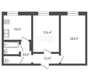 2-к квартира, вторичка, 53м2, 1/9 этаж
