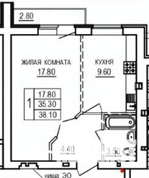 1-к квартира, строящийся дом, 38м2, 7/10 этаж