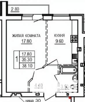 1-к квартира, строящийся дом, 38м2, 7/10 этаж