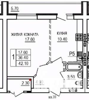 1-к квартира, строящийся дом, 42м2, 10/10 этаж