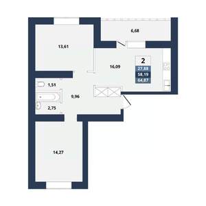 2-к квартира, вторичка, 65м2, 1/10 этаж