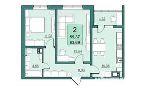 2-к квартира, вторичка, 59м2, 12/24 этаж