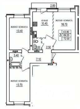 3-к квартира, строящийся дом, 72м2, 8/10 этаж