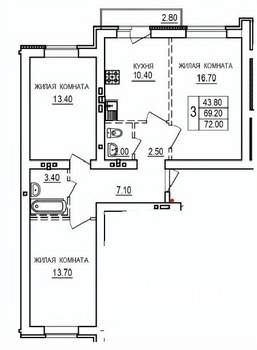 3-к квартира, строящийся дом, 72м2, 10/10 этаж