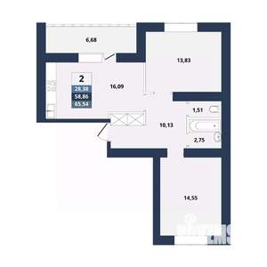 2-к квартира, вторичка, 66м2, 1/10 этаж