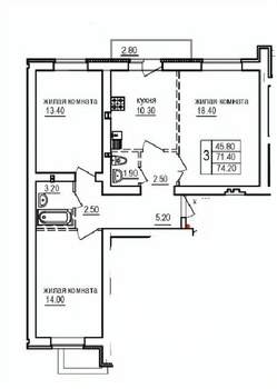 3-к квартира, строящийся дом, 74м2, 10/10 этаж
