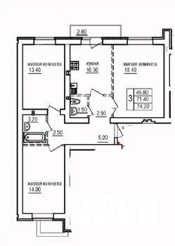 3-к квартира, строящийся дом, 74м2, 10/10 этаж