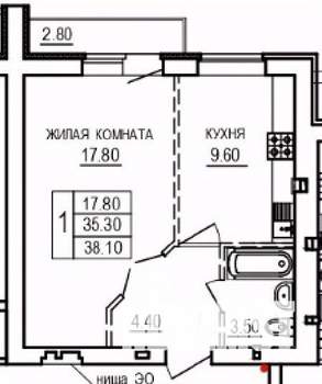 1-к квартира, строящийся дом, 38м2, 6/10 этаж