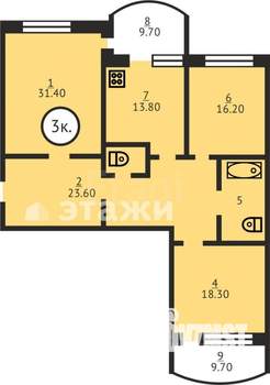 3-к квартира, вторичка, 74м2, 1/6 этаж