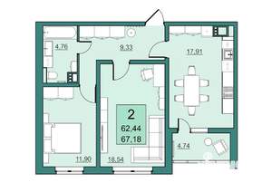 2-к квартира, вторичка, 62м2, 23/24 этаж