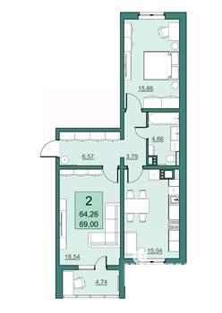 2-к квартира, вторичка, 64м2, 21/24 этаж