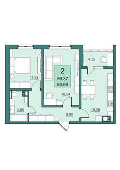 2-к квартира, вторичка, 59м2, 24/24 этаж