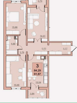 3-к квартира, вторичка, 84м2, 1/22 этаж