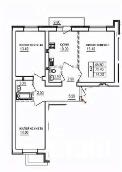 3-к квартира, строящийся дом, 74м2, 8/10 этаж