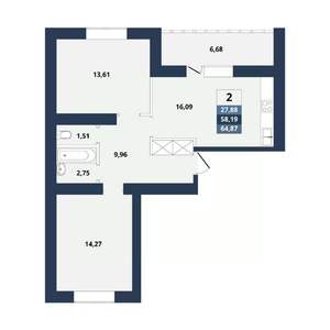 2-к квартира, вторичка, 65м2, 2/10 этаж