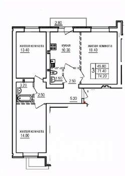 3-к квартира, строящийся дом, 74м2, 9/10 этаж