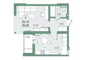 1-к квартира, вторичка, 32м2, 21/22 этаж