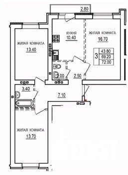 3-к квартира, вторичка, 72м2, 7/10 этаж