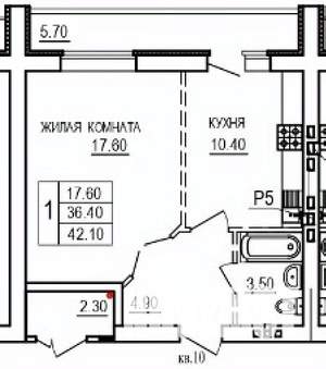 1-к квартира, строящийся дом, 42м2, 6/10 этаж