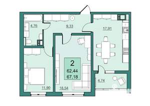 2-к квартира, вторичка, 62м2, 16/24 этаж