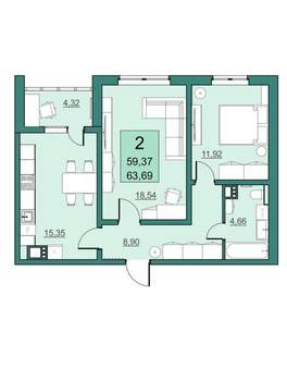 2-к квартира, вторичка, 59м2, 16/19 этаж