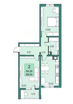 2-к квартира, вторичка, 64м2, 18/24 этаж