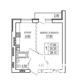 1-к квартира, вторичка, 38м2, 9/10 этаж