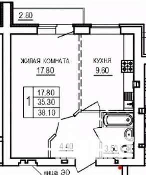 1-к квартира, строящийся дом, 38м2, 6/10 этаж