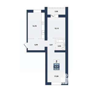 2-к квартира, вторичка, 62м2, 1/10 этаж