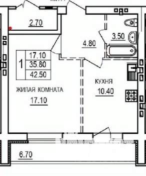 1-к квартира, строящийся дом, 43м2, 8/10 этаж