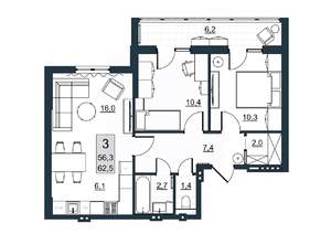 3-к квартира, вторичка, 56м2, 2/10 этаж